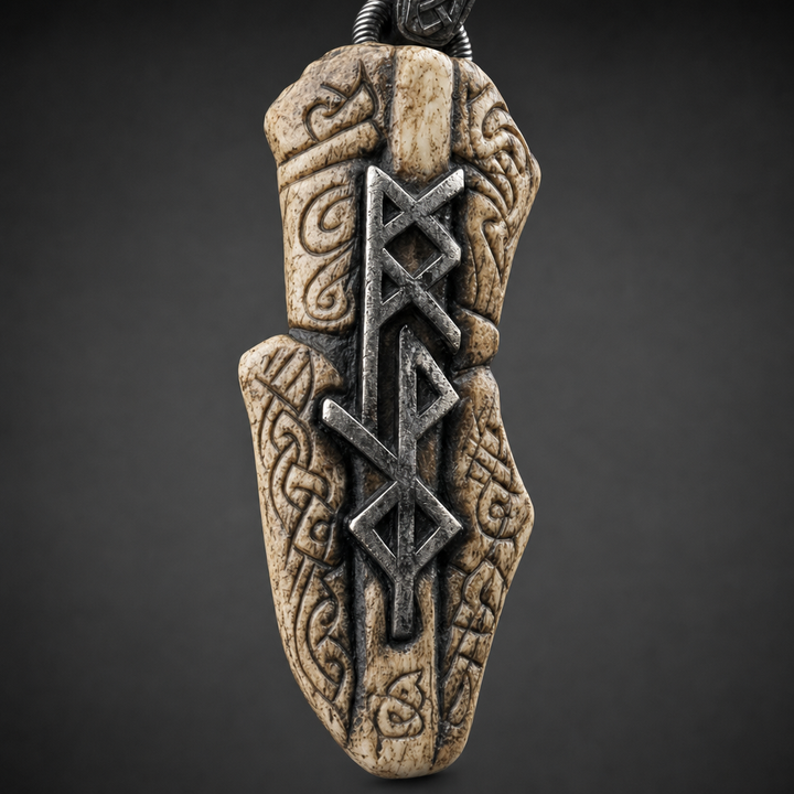 Rune-Carved Bind-Rune Bushcraft Pendant for Men — detail