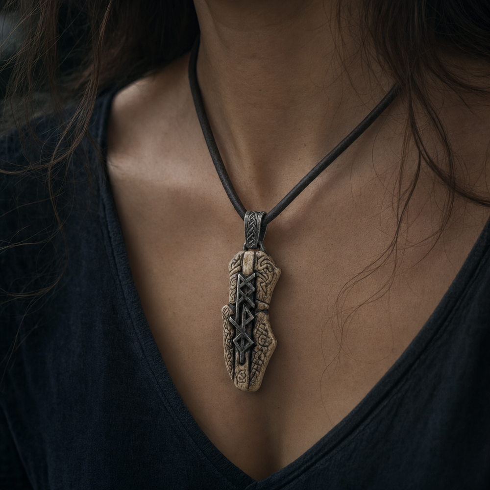 Rune-Carved Bind-Rune Bushcraft Pendant for Men — worn
