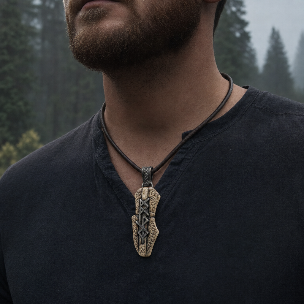 Rune-Carved Bind-Rune Bushcraft Pendant for Men — worn