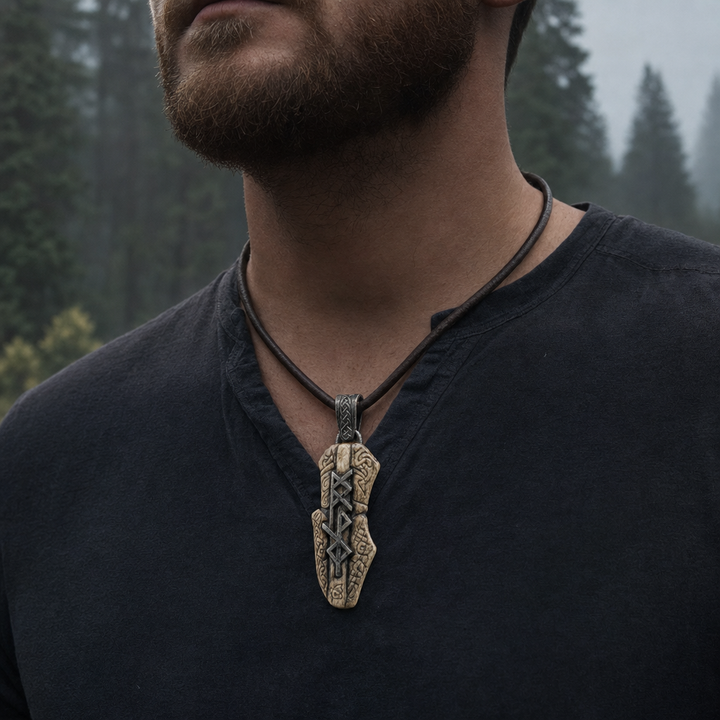 Rune-Carved Bind-Rune Bushcraft Pendant for Men — worn