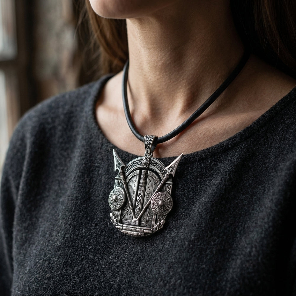 Viking Valhalla Gate Pendant Necklace — worn