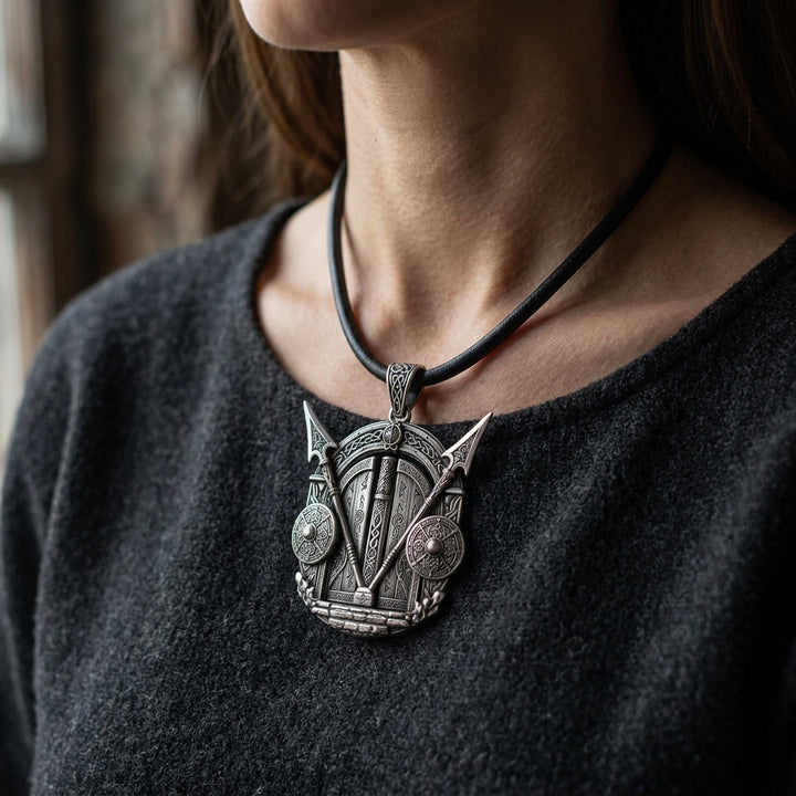 Viking Valhalla Gate Pendant Necklace — worn