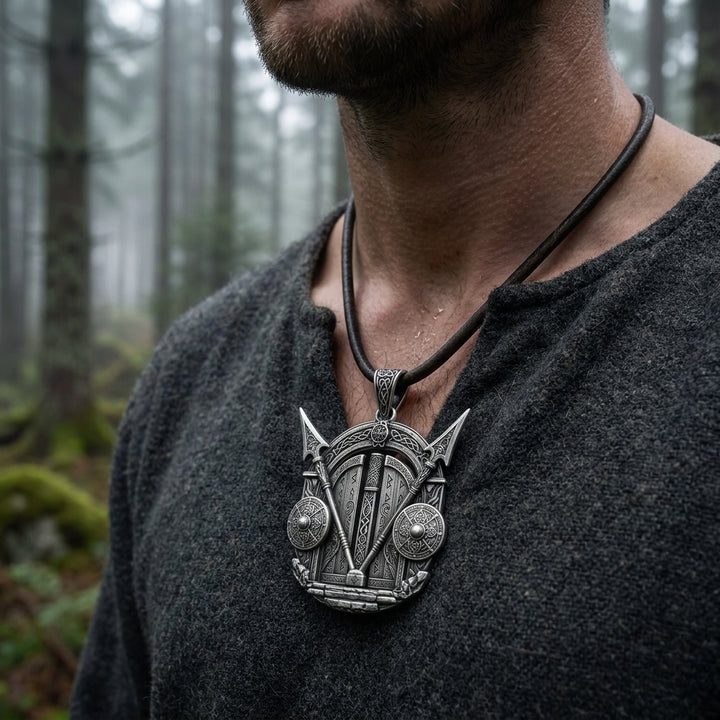 Viking Valhalla Gate Pendant Necklace — worn