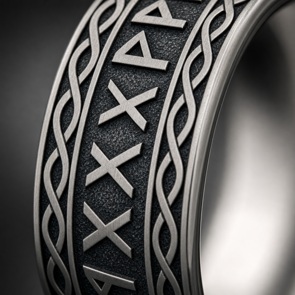 His & Hers Norse Rune Wedding Band Couple Set — detail
