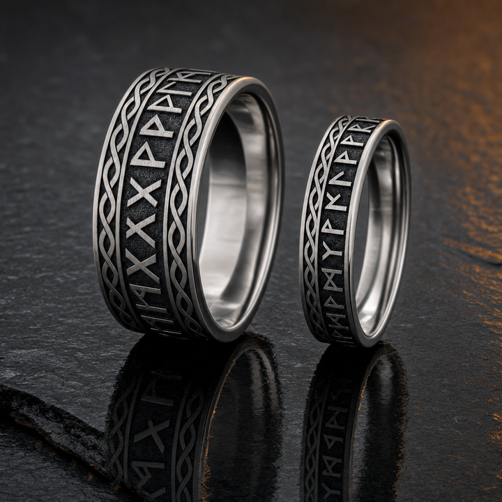 His & Hers Norse Rune Wedding Band Couple Set — feature