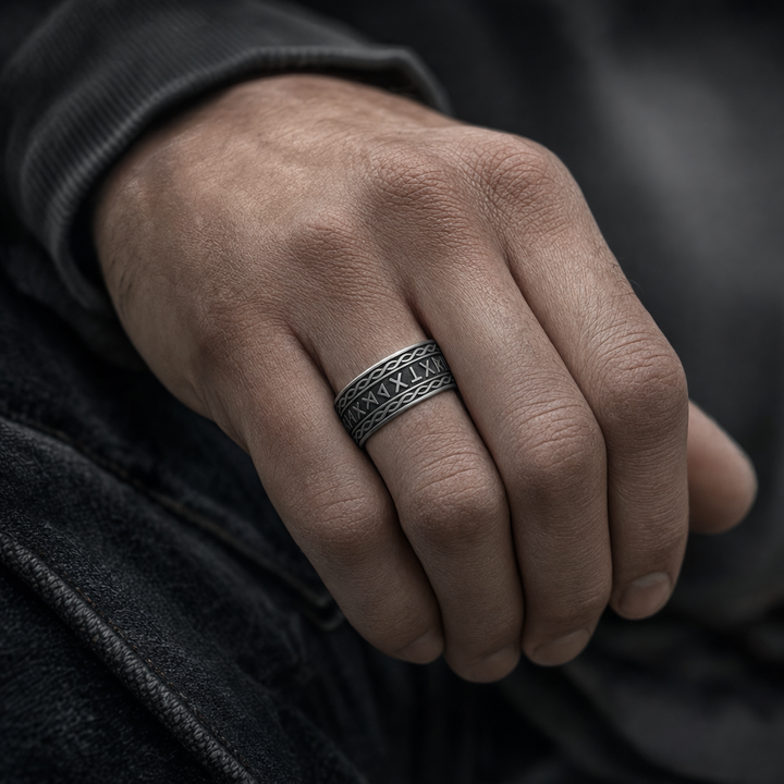 His & Hers Norse Rune Wedding Band Couple Set — worn