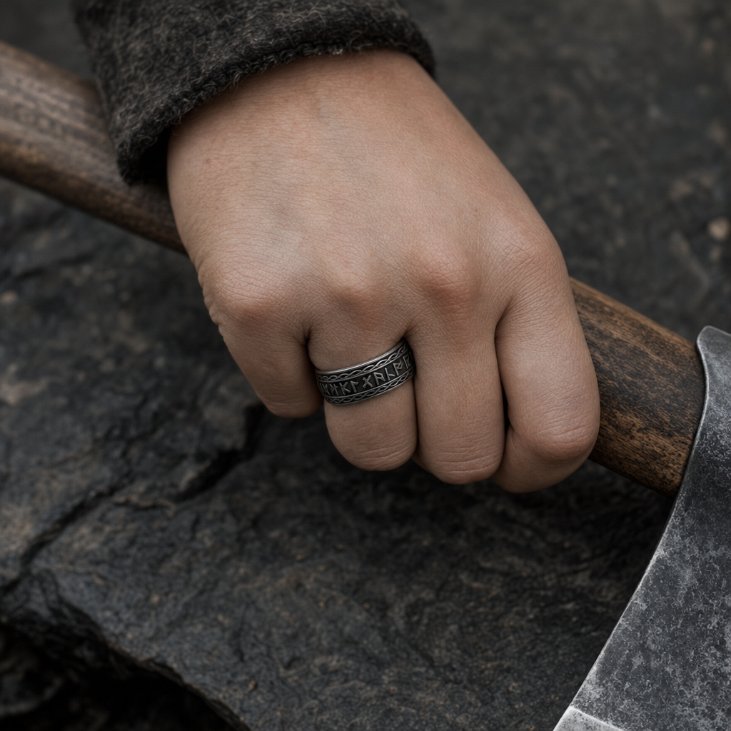 His & Hers Norse Rune Wedding Band Couple Set — worn