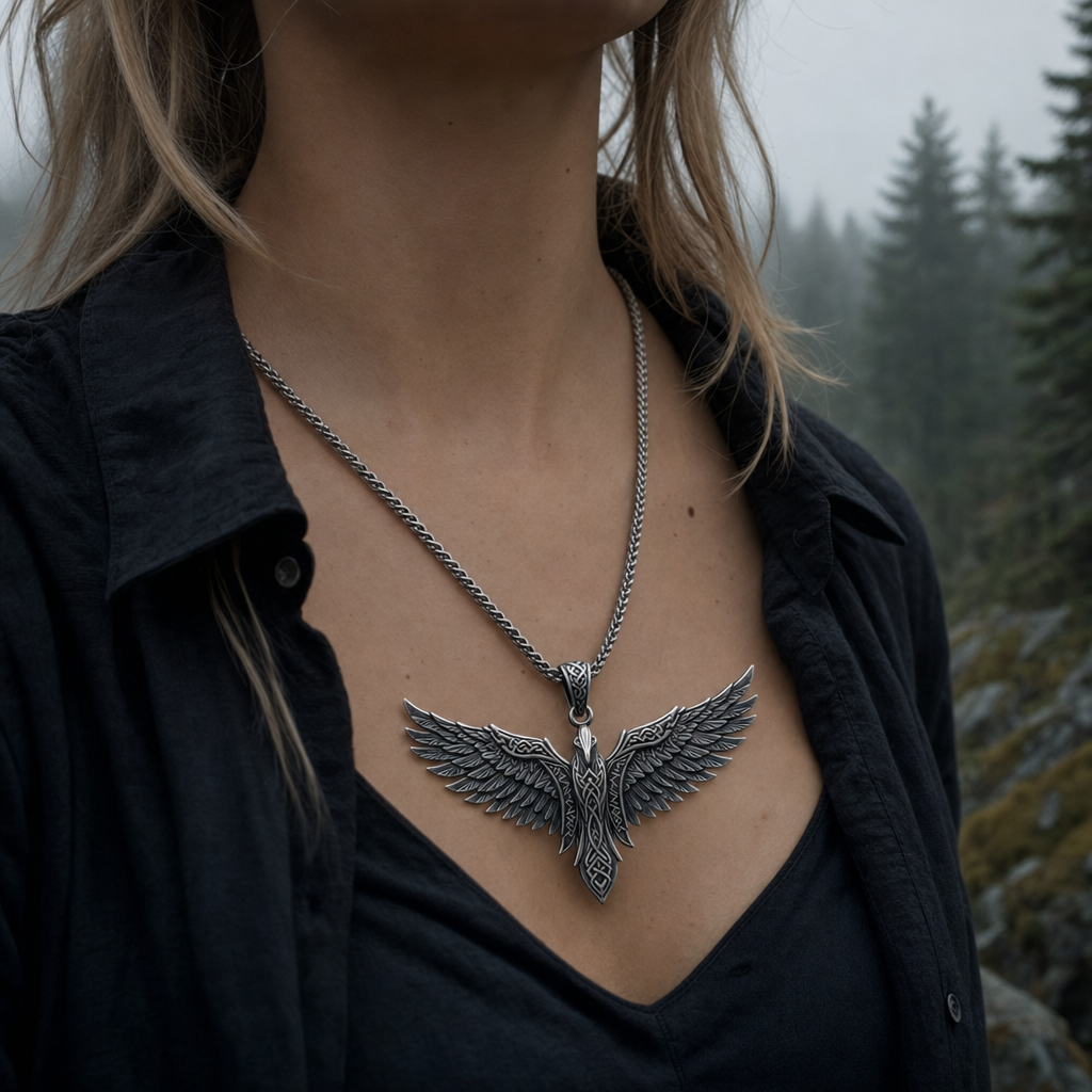 Valkyrie Wings Pendant Necklace — worn