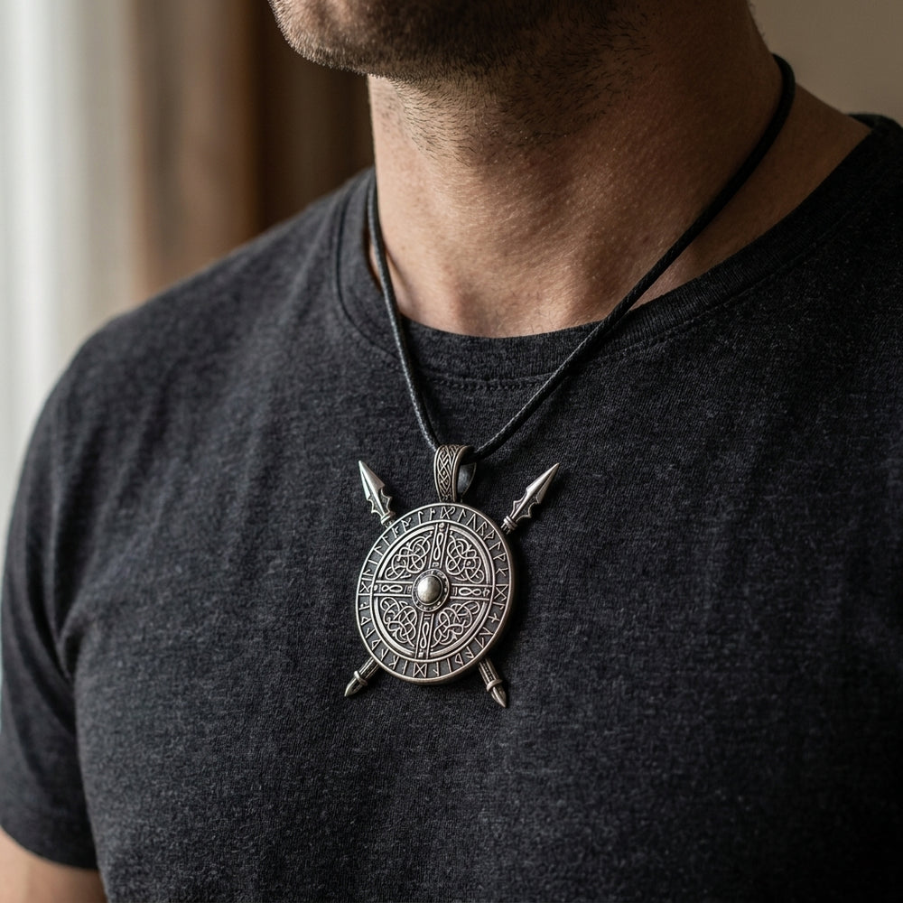 Viking Crossed Spear & Shield Pendant Necklace — worn