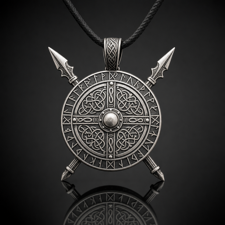 Viking Crossed Spear & Shield Pendant Necklace