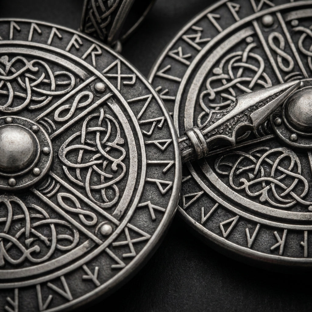 Viking Crossed Spear & Shield Pendant Necklace — detail