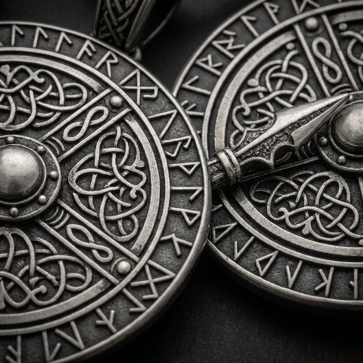 Viking Crossed Spear & Shield Pendant Necklace — detail