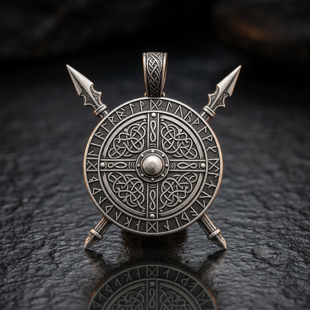 Viking Crossed Spear & Shield Pendant Necklace — feature