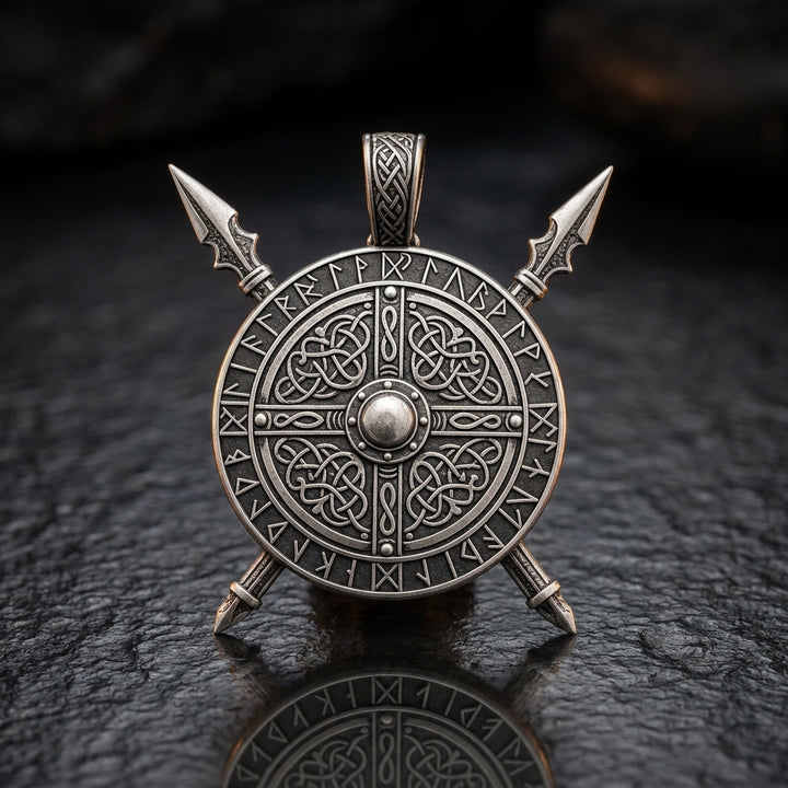 Viking Crossed Spear & Shield Pendant Necklace — feature