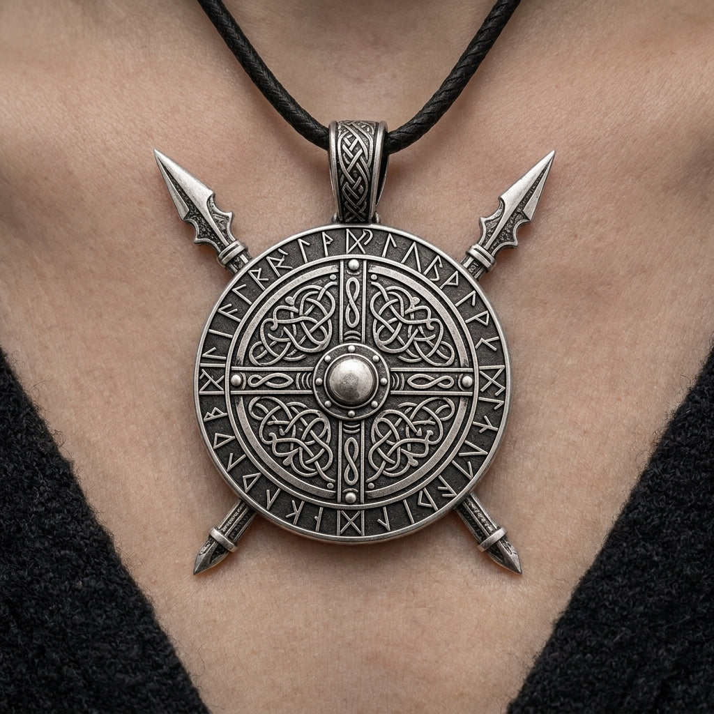 Viking Crossed Spear & Shield Pendant Necklace — worn