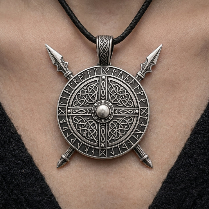 Viking Crossed Spear & Shield Pendant Necklace — worn