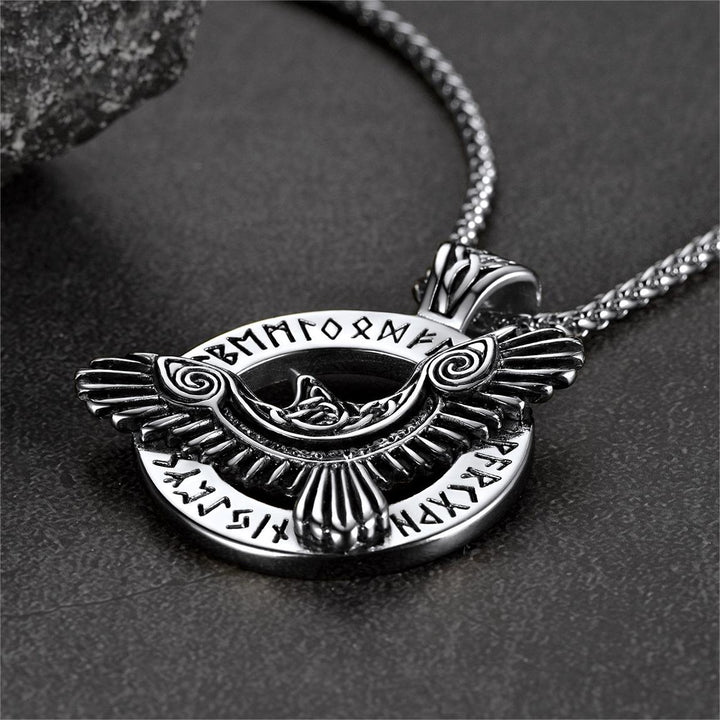 Viking Odin's Raven Necklace For Men With Runes
