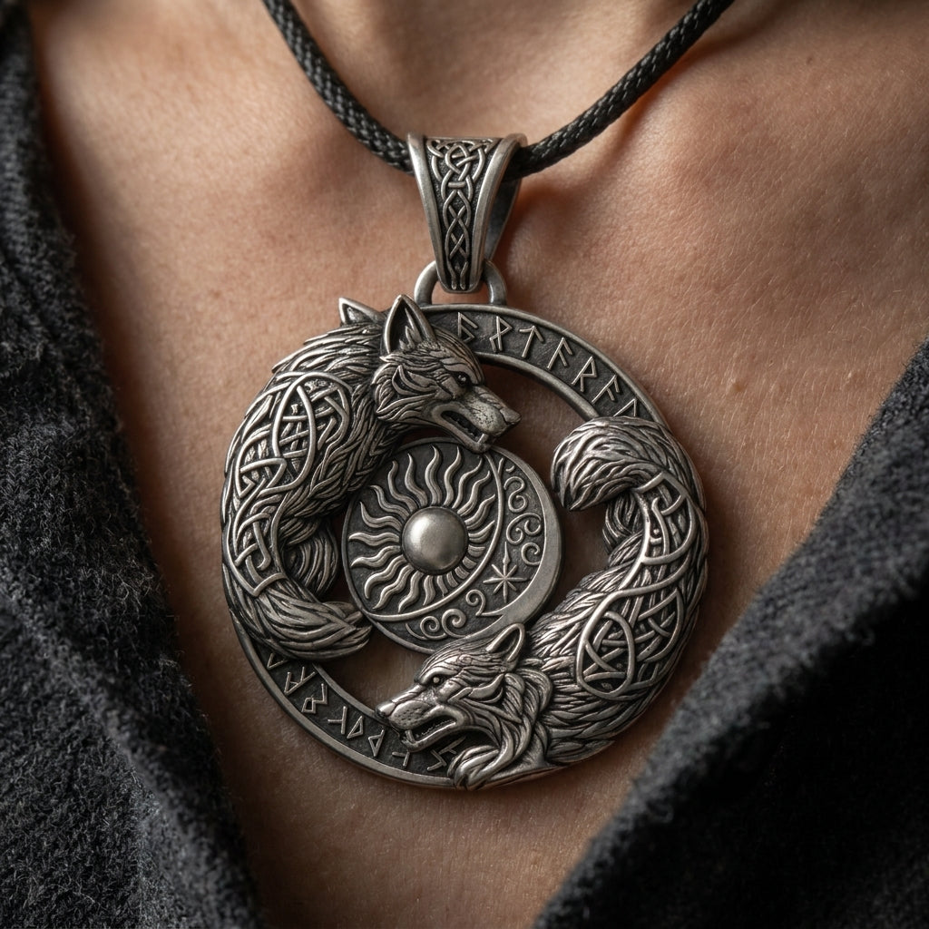 Skoll and Hati Sun-and-Moon Wolves Pendant Necklace — worn