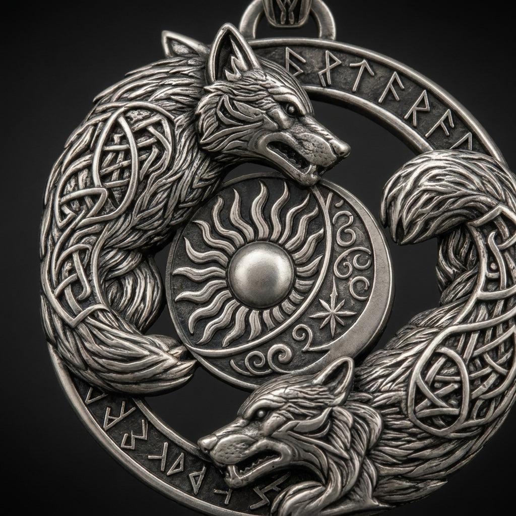 Skoll and Hati Sun-and-Moon Wolves Pendant Necklace — detail