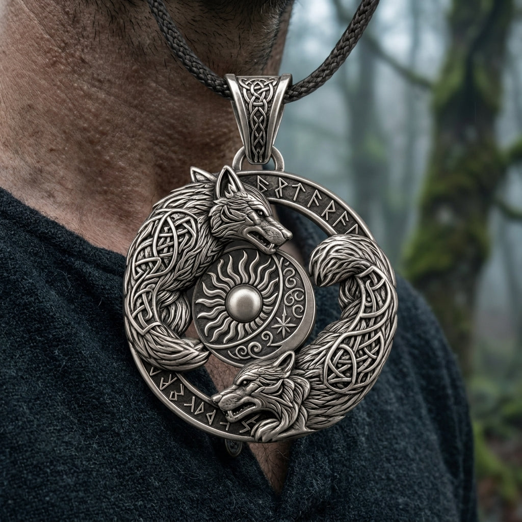 Skoll and Hati Sun-and-Moon Wolves Pendant Necklace — worn