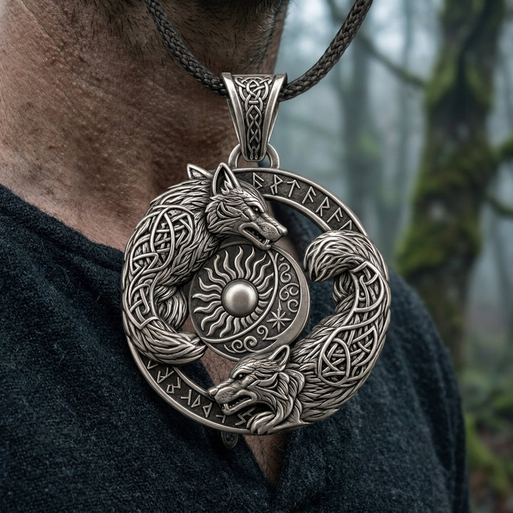 Skoll and Hati Sun-and-Moon Wolves Pendant Necklace — worn