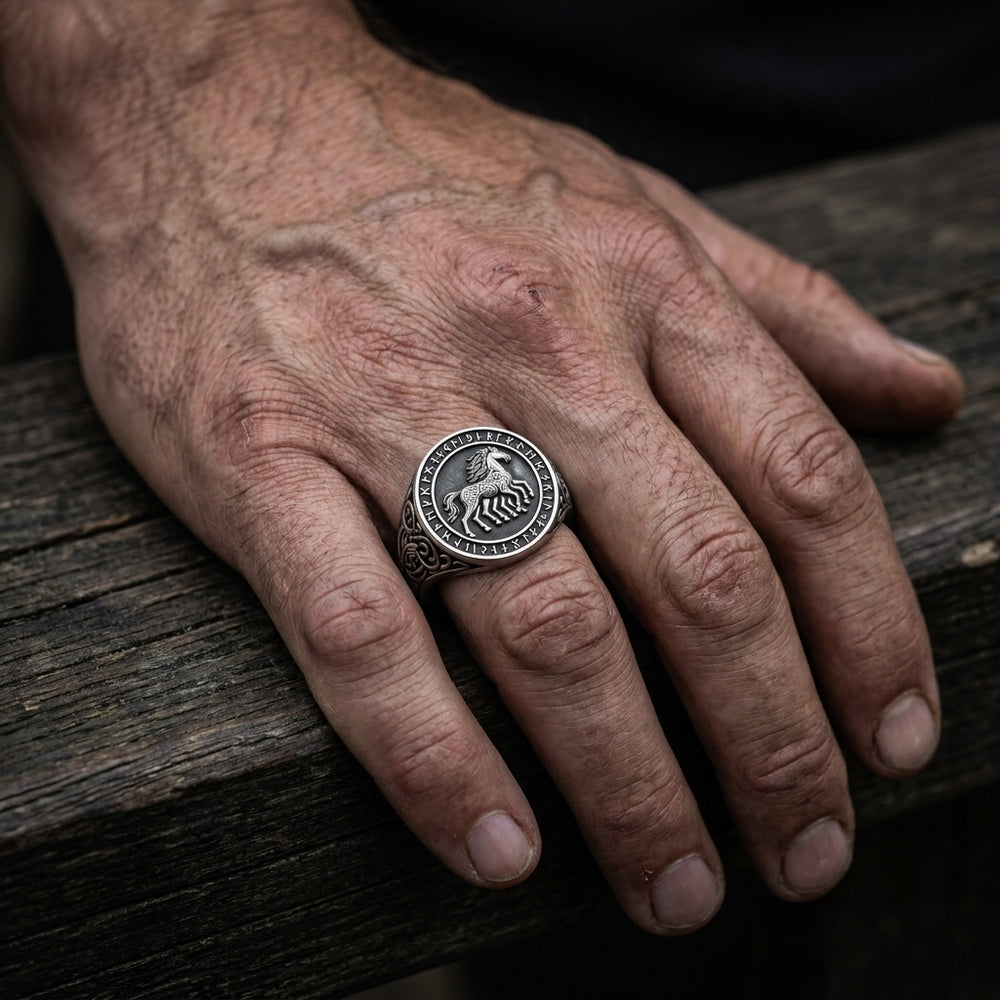 Viking Sleipnir Horse Signet Ring — worn