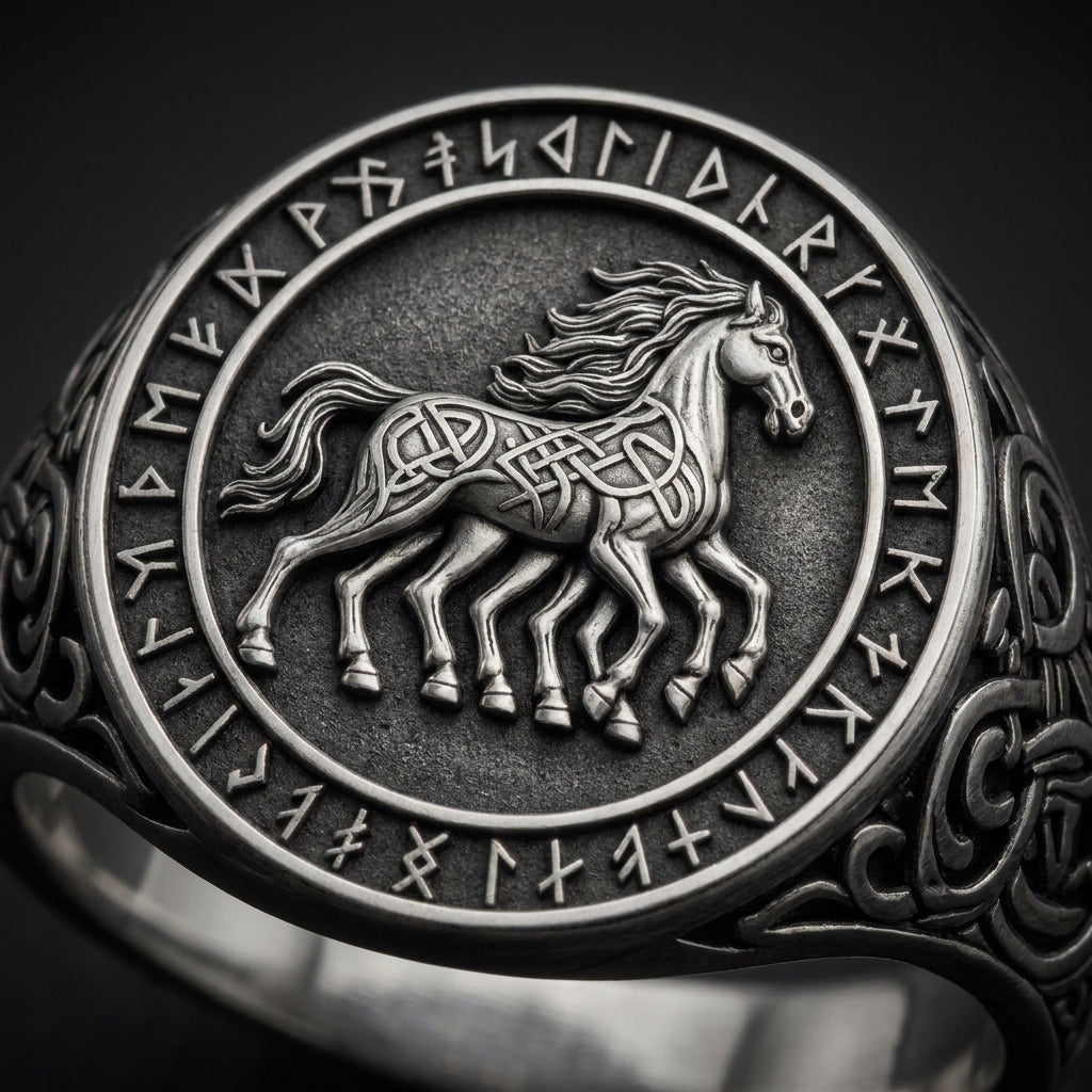 Viking Sleipnir Horse Signet Ring — detail