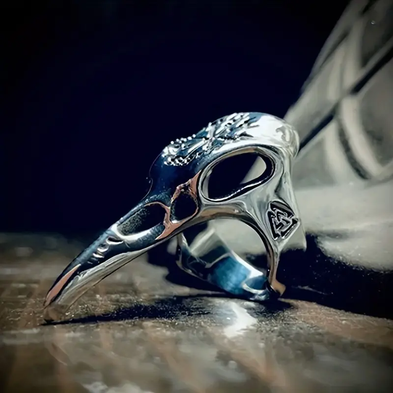 Men's Crow Skull Vegvisir Ring