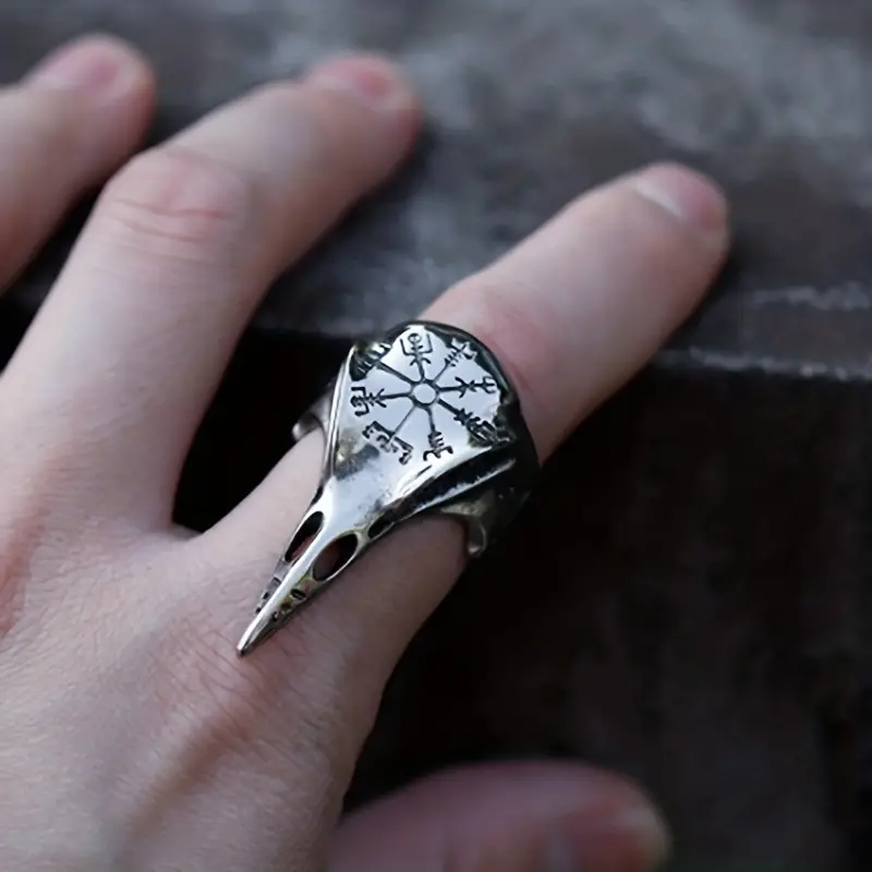 Men's Crow Skull Vegvisir Ring
