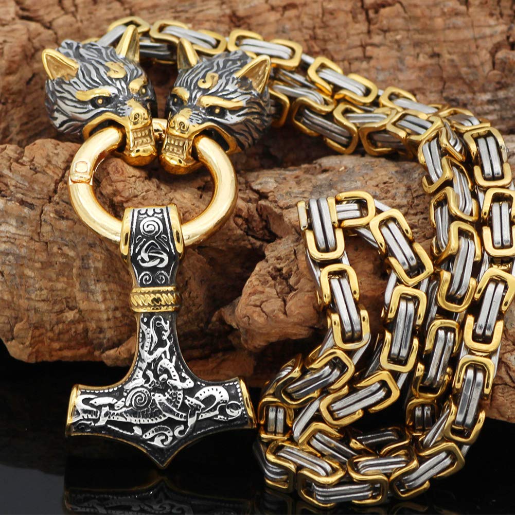 Vintage Viking Mjolnir With Wolves Necklace & Bracelet