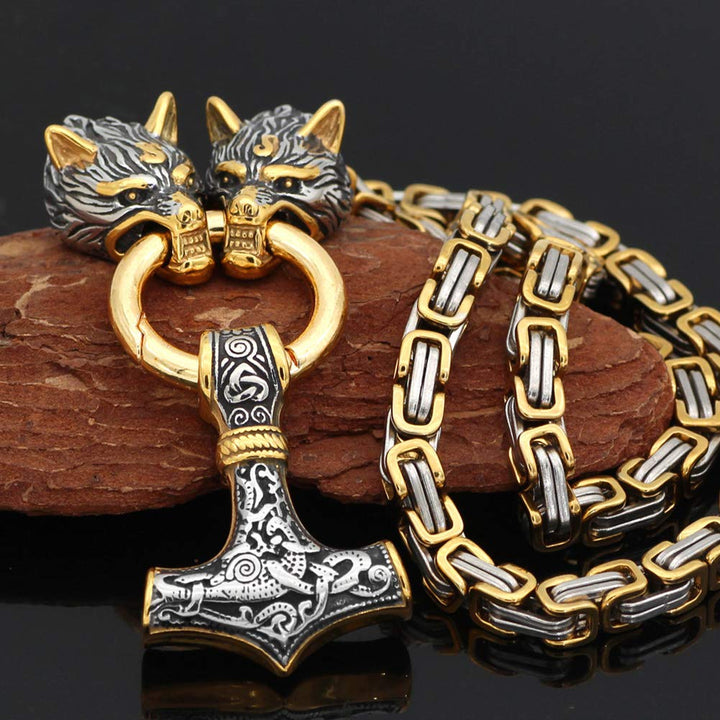 Vintage Viking Mjolnir With Wolves Necklace & Bracelet