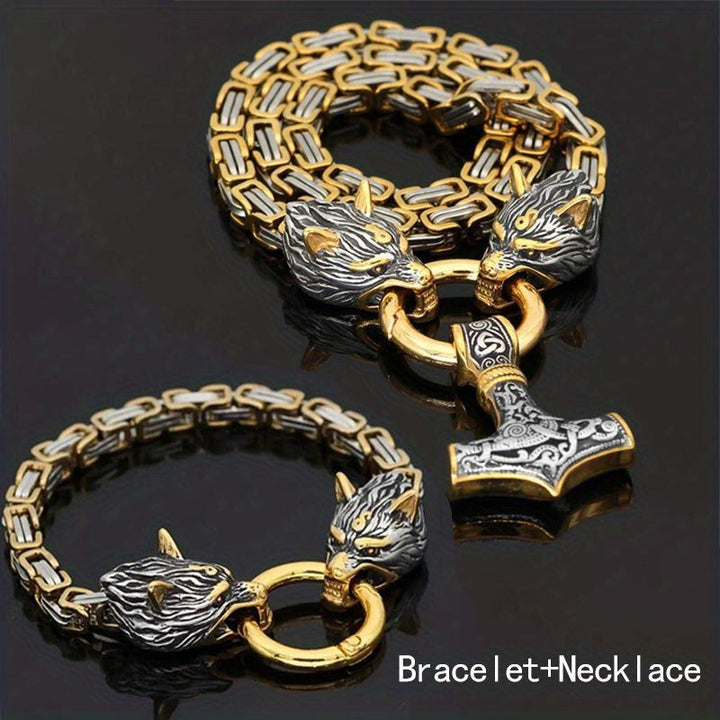 Vintage Viking Mjolnir With Wolves Necklace & Bracelet