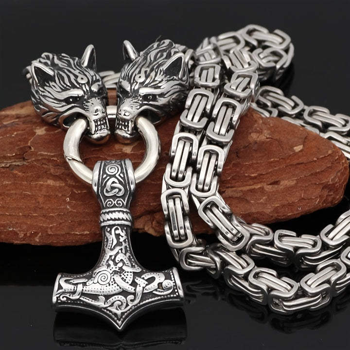 Vintage Viking Mjolnir With Wolves Necklace & Bracelet