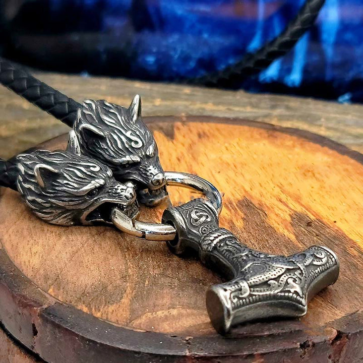 Viking Mjolnir Wolf Leather Rope Necklace