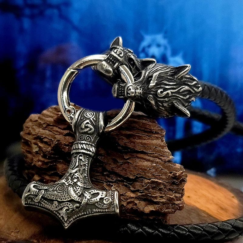 Viking Mjolnir Wolf Leather Rope Necklace
