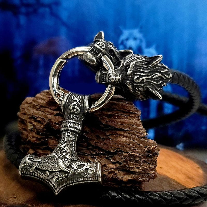 Viking Mjolnir Wolf Leather Rope Necklace