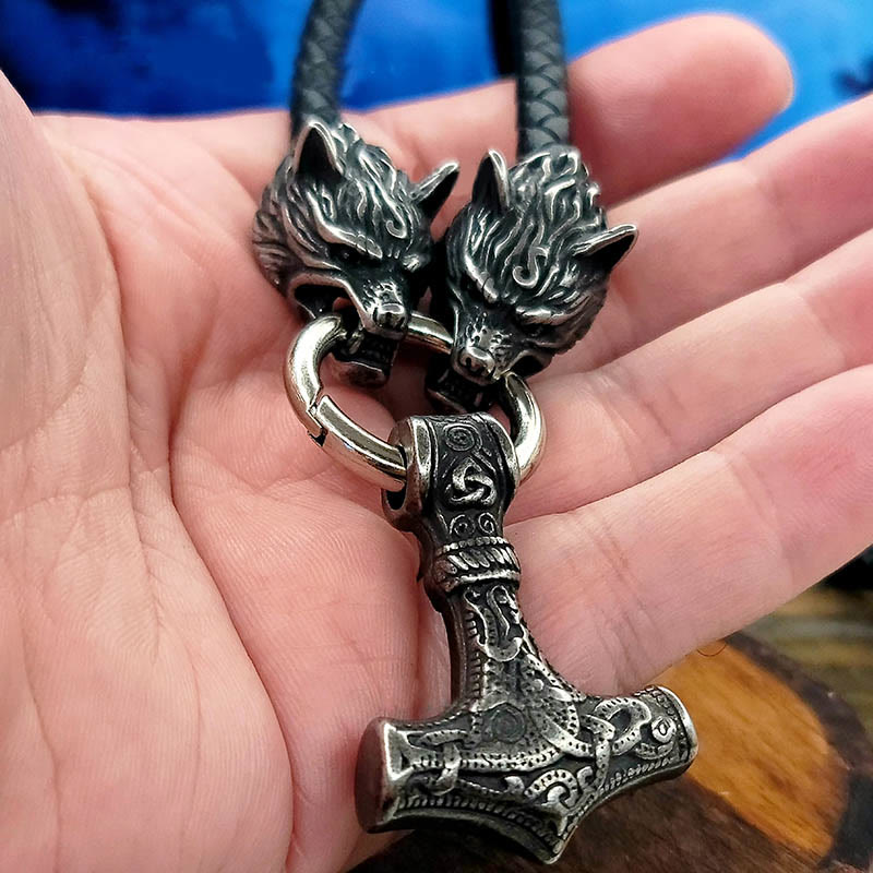 Viking Mjolnir Wolf Leather Rope Necklace