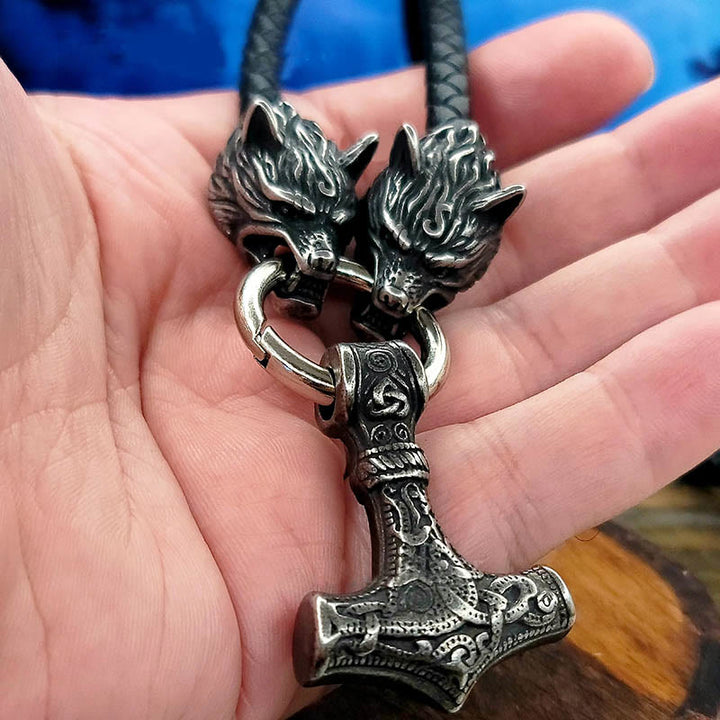 Viking Mjolnir Wolf Leather Rope Necklace