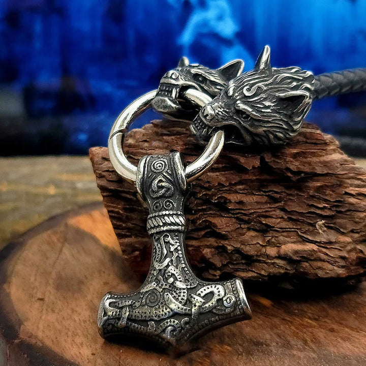 Viking Mjolnir Wolf Leather Rope Necklace