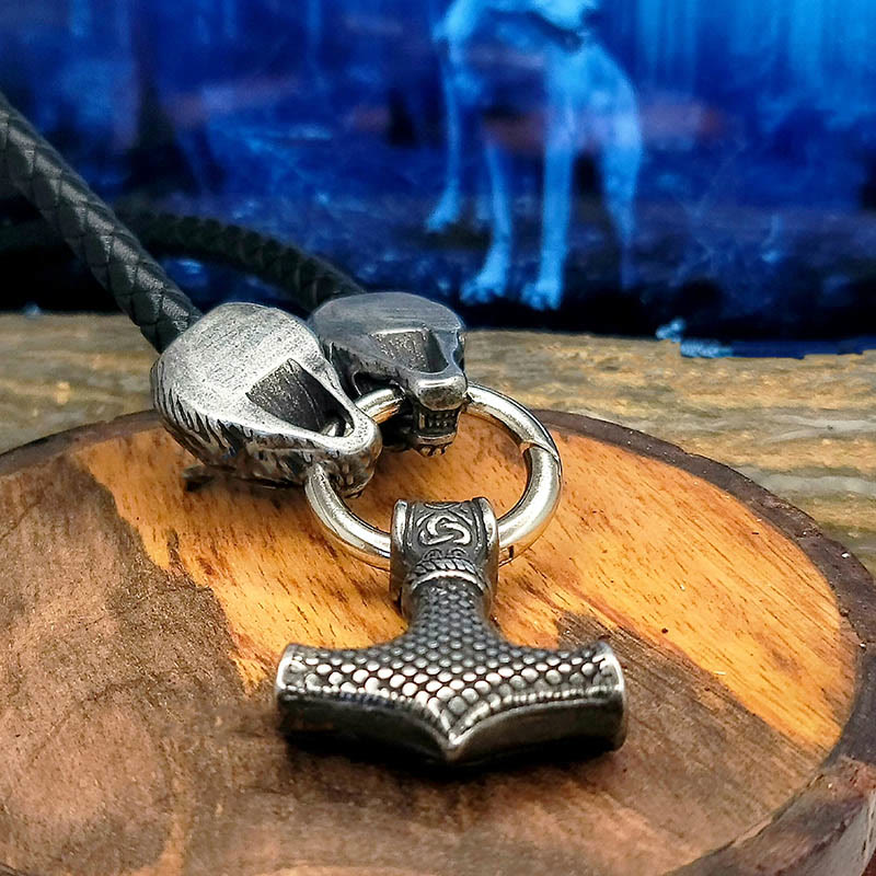 Viking Mjolnir Wolf Leather Rope Necklace