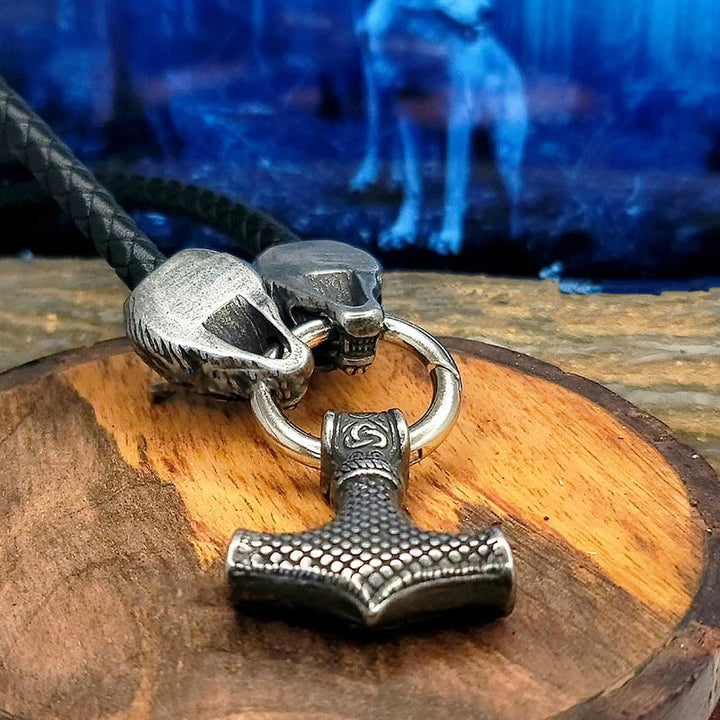 Viking Mjolnir Wolf Leather Rope Necklace