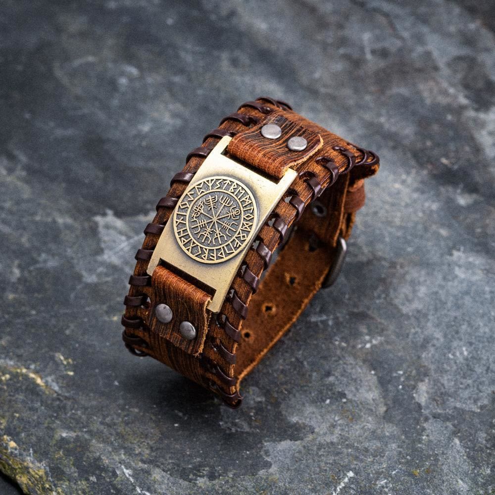 Genuine Leather Buckle Arm Cuff Vegvisir Metal Bracelet