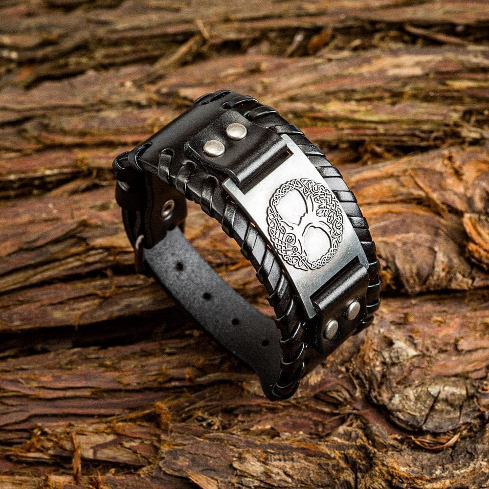 Genuine Leather Buckle Arm Cuff Yggdrasil Metal Bracelet
