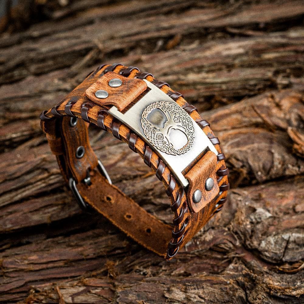 Genuine Leather Buckle Arm Cuff Yggdrasil Metal Bracelet