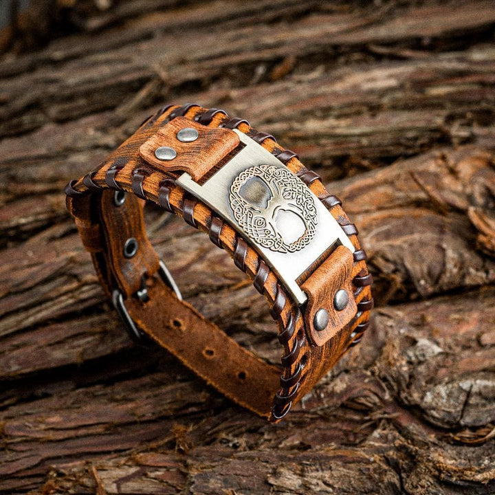 Genuine Leather Buckle Arm Cuff Yggdrasil Metal Bracelet