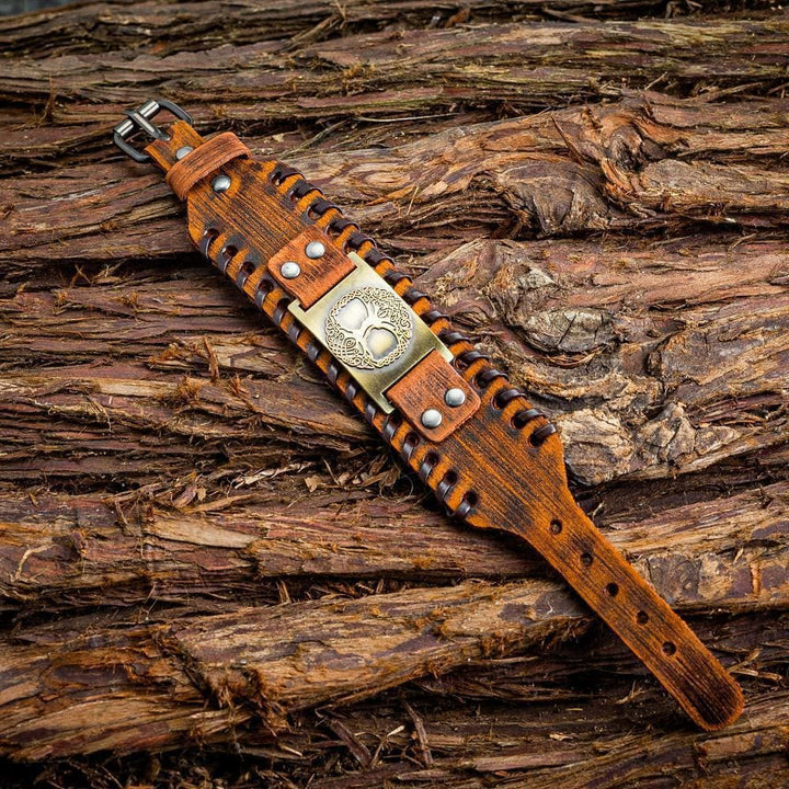 Genuine Leather Buckle Arm Cuff Yggdrasil Metal Bracelet