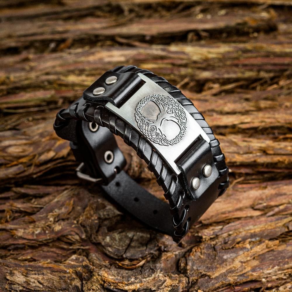 Genuine Leather Buckle Arm Cuff Yggdrasil Metal Bracelet