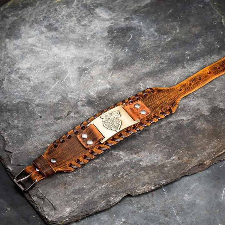 Genuine Leather Buckle Arm Cuff Wolves Metal Bracelet