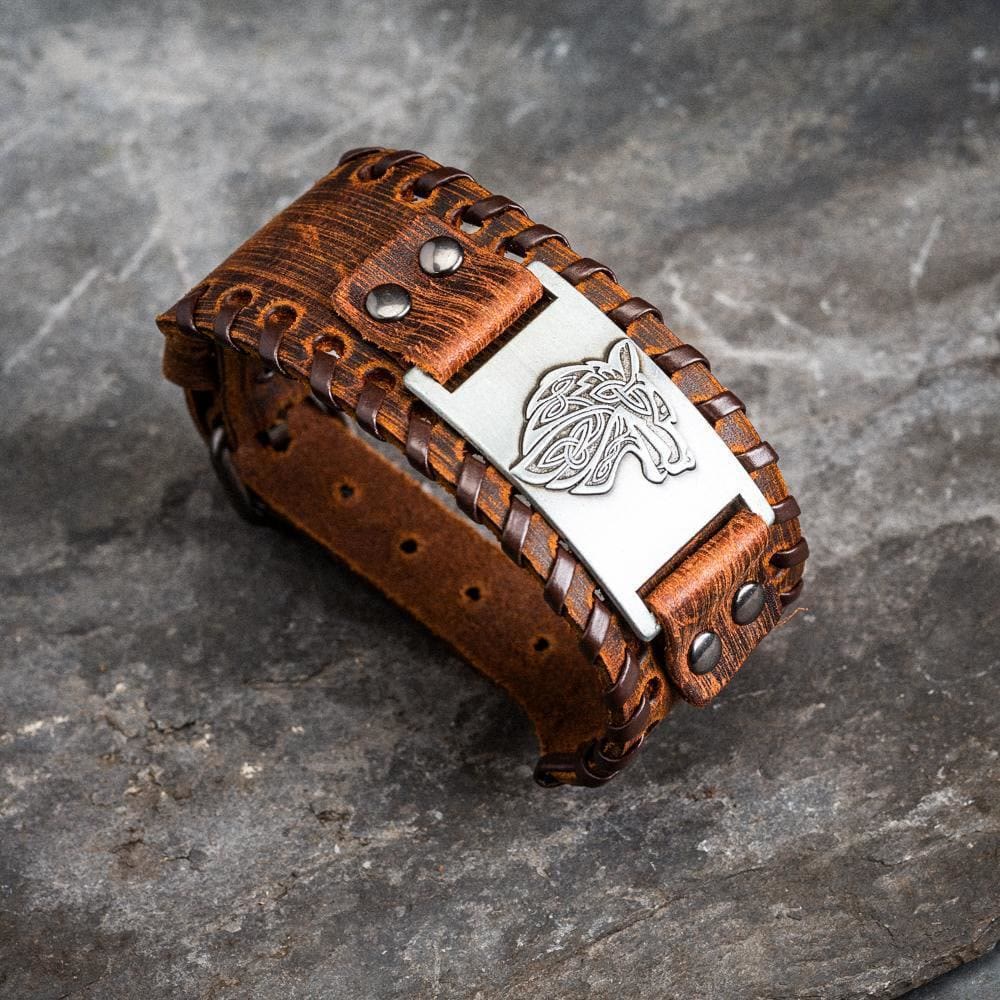 Genuine Leather Buckle Arm Cuff Wolves Metal Bracelet