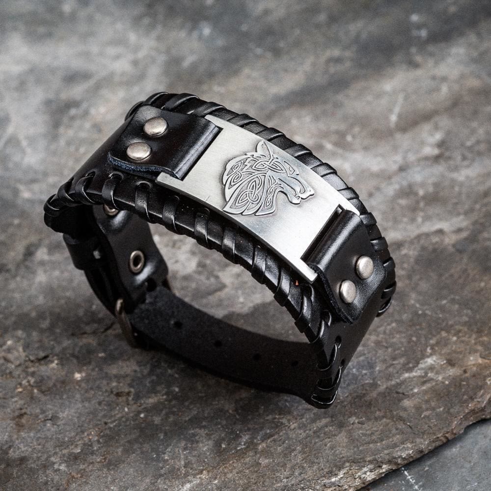 Genuine Leather Buckle Arm Cuff Wolves Metal Bracelet